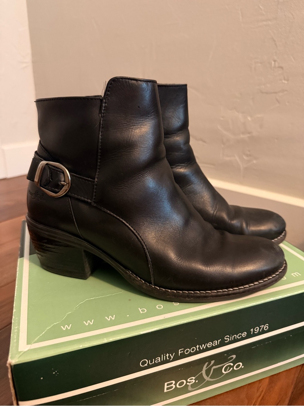 Bos. & Co. Black Leather Buckle Ankle Booties